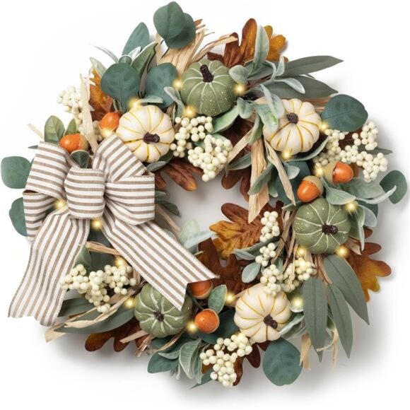 Valery Madelyn Fall Wreaths for Front Door Outside, 20'' Farmhouse Autumn Door - Picture 1 of 7